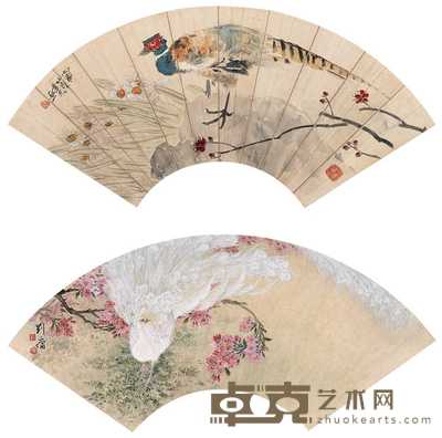 张聿光 刘庸 雉鸡 孔雀(二件) 扇面 尺寸不一
